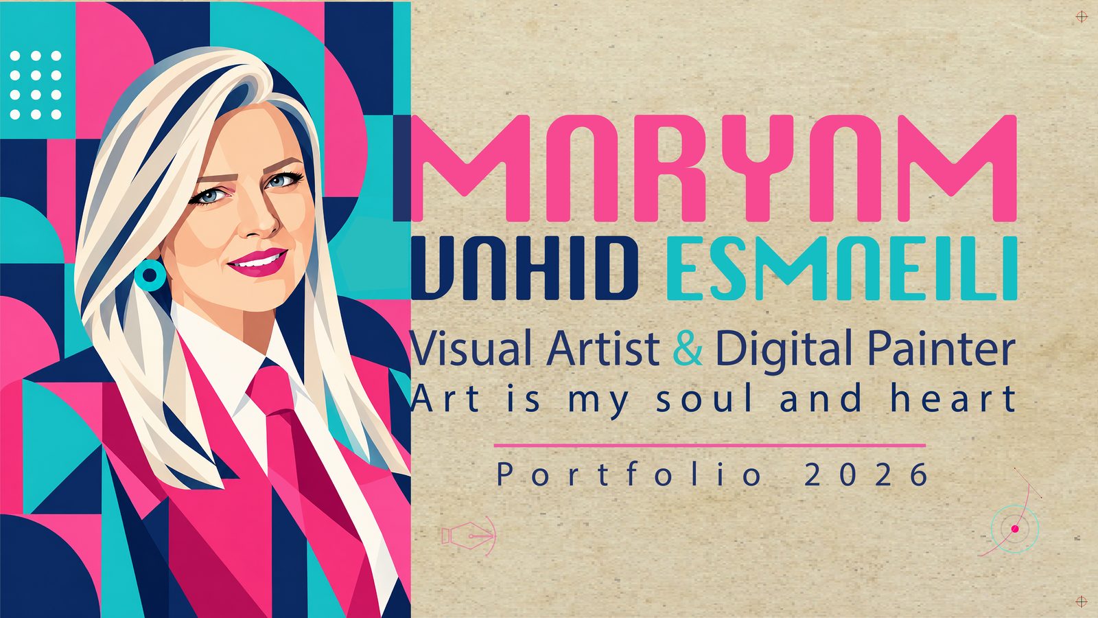 Illustrated portrait of Maryam Vahid Esmaeili on a pink, teal and navy geometric background